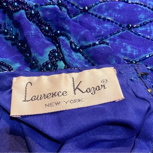 Vintage Laurence Kazer New York Y2K 100% Silk Elegant Blue Beaded Dress Size 3X - Picture 11 of 15